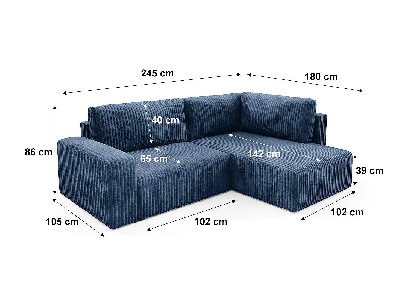 Canapé d'angle droit convertible 4 places avec coffre et accoudoirs Angela Bleu marine