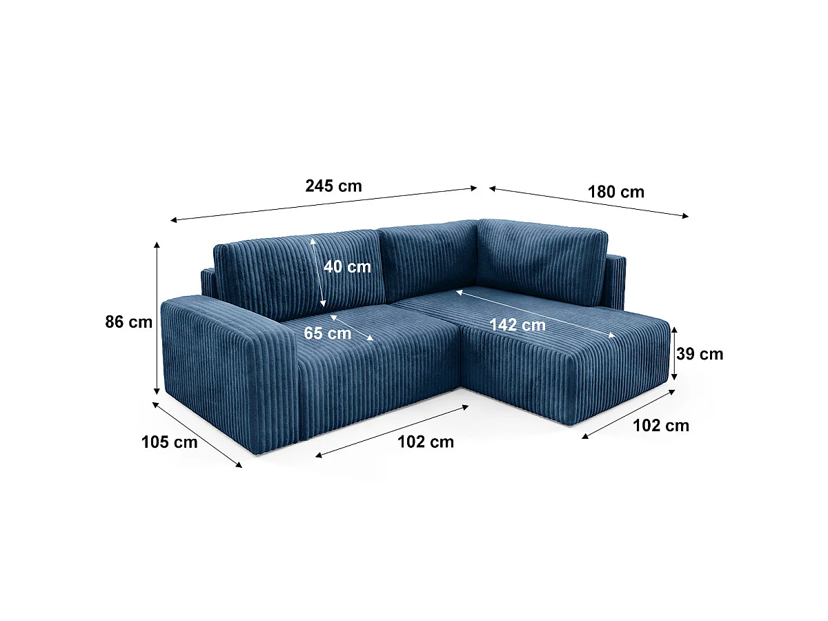 Canapé d'angle droit convertible 4 places avec coffre en tissu bleu marine ANGEL