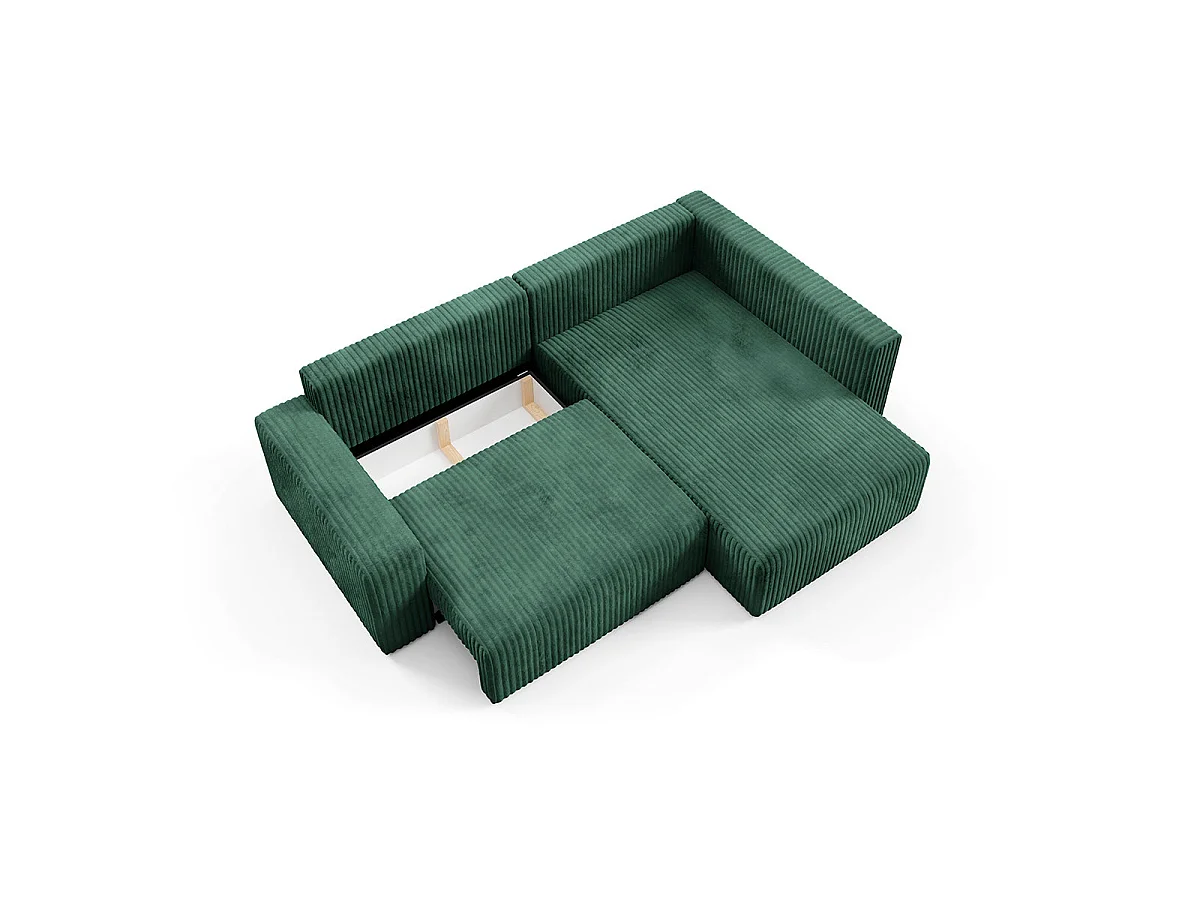 Canapé d'angle droit convertible 4 places avec coffre en tissu vert sapin ANGEL