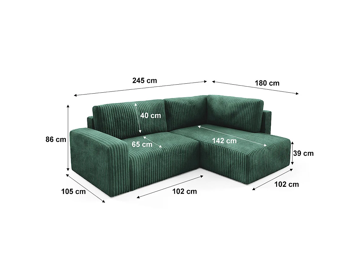 Canapé d'angle droit convertible 4 places avec coffre en tissu vert sapin ANGEL