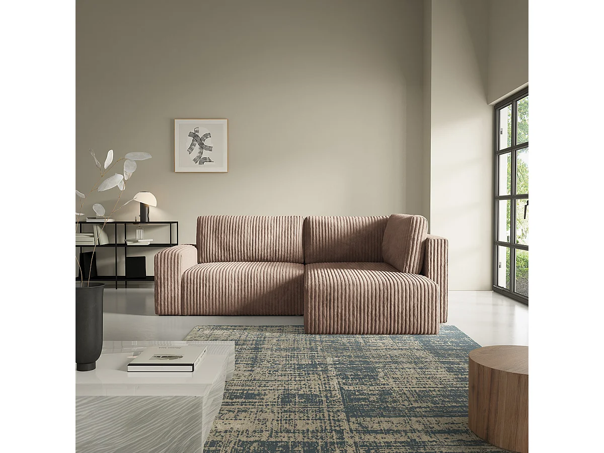 Canapé d'angle réversible et convertible 4 places avec coffre et accoudoirs Angela Marron clair