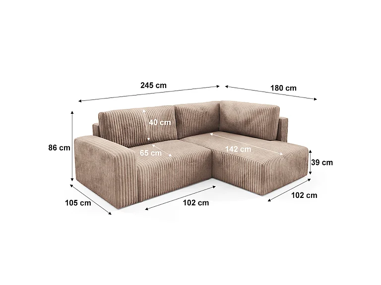 Canapé d'angle réversible et convertible 4 places avec coffre et accoudoirs Angela Marron clair