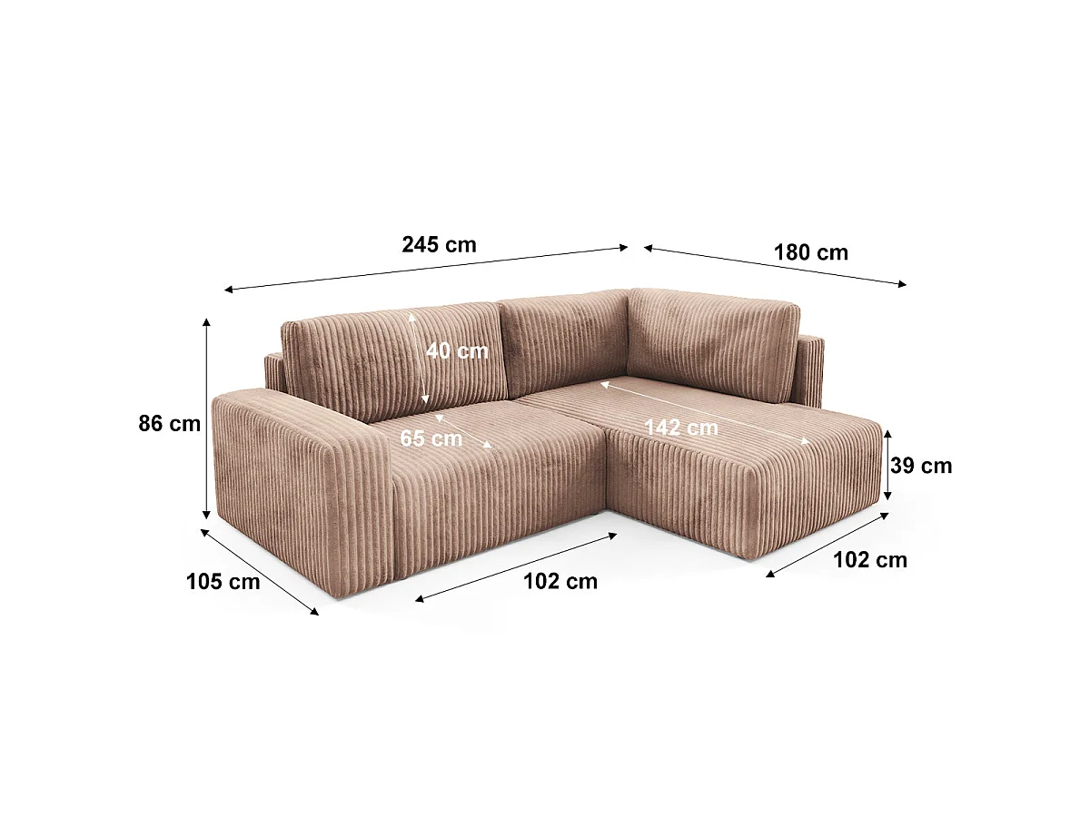 Canapé d'angle droit convertible 4 places avec coffre en tissu marron ANGEL