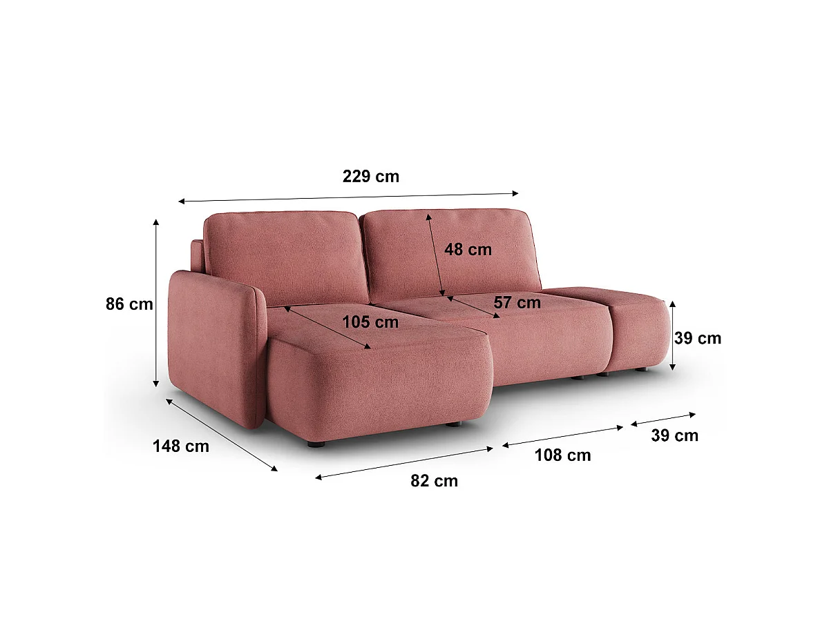 Canapé d'angle convertible 3 places réversible avec coffre en tissu rose ALESSIO