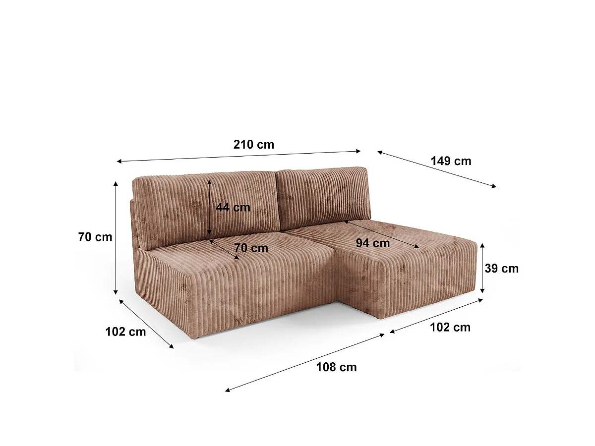Canapé d'angle convertible 3 places réversible avec coffre en tissu marron ANGEL