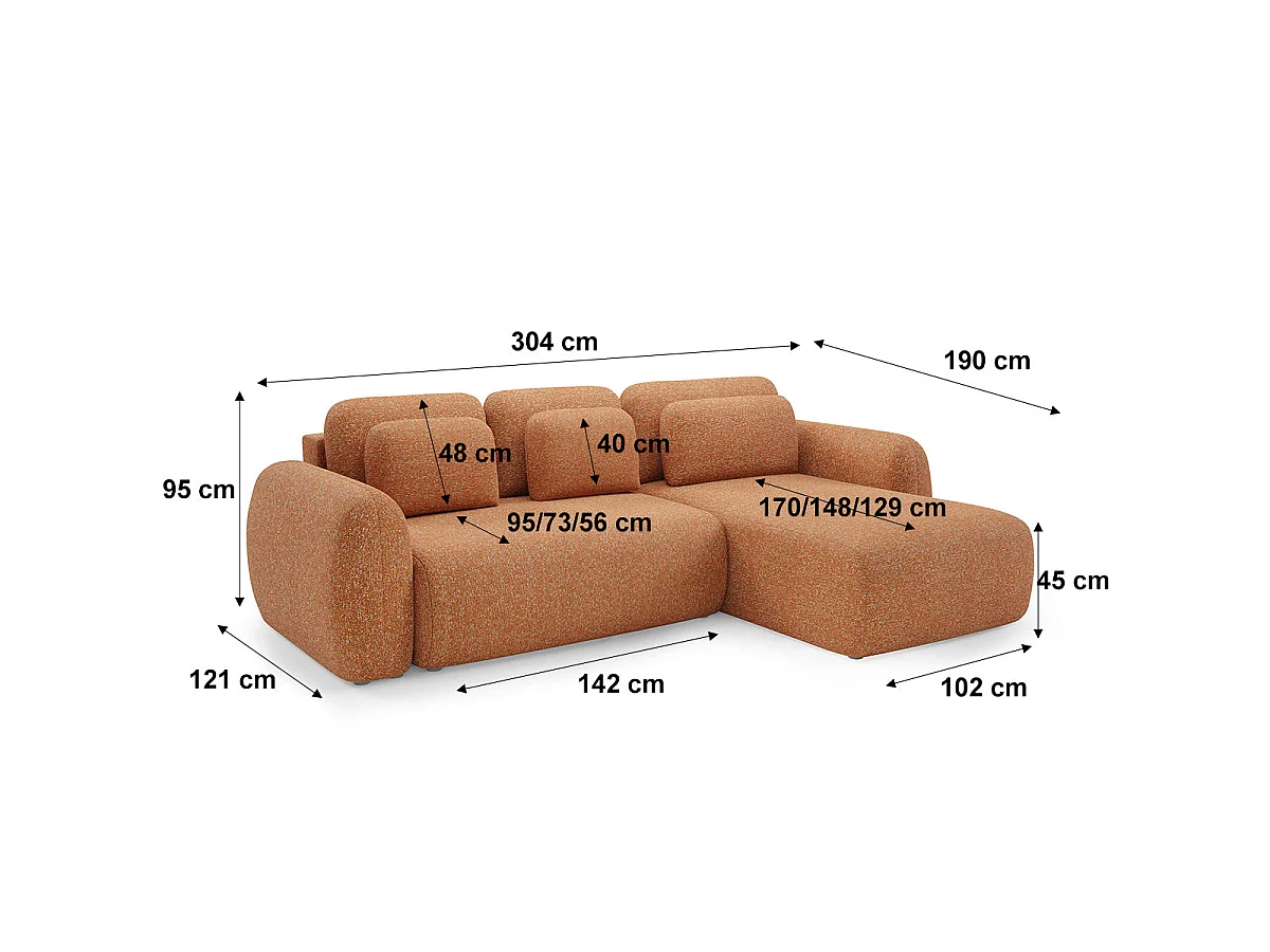 Canapé d'angle convertible 3 places réversible avec coffre en tissu orange CARMELA