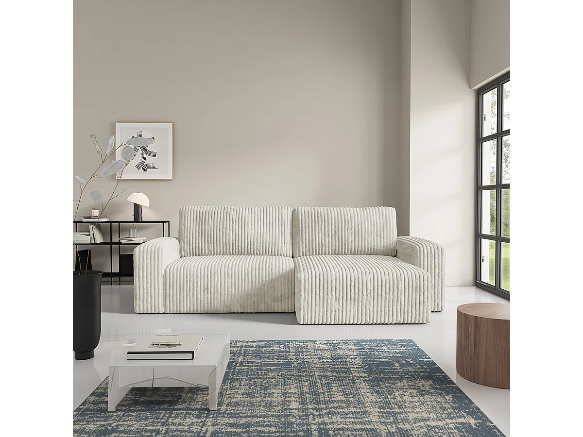 Canapé d'angle réversible et convertible 3 places avec coffre et accoudoirs Angela Blanc cassé