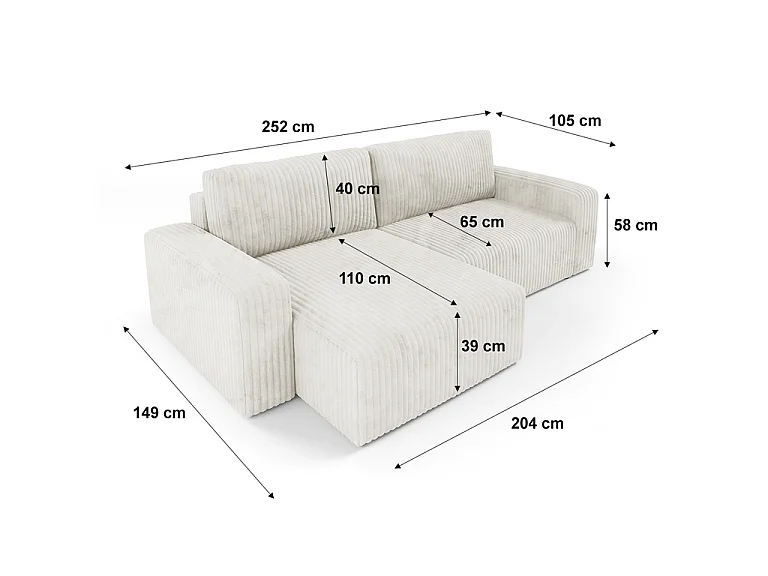 Canapé d'angle réversible et convertible 3 places avec coffre et accoudoirs Angela Blanc cassé