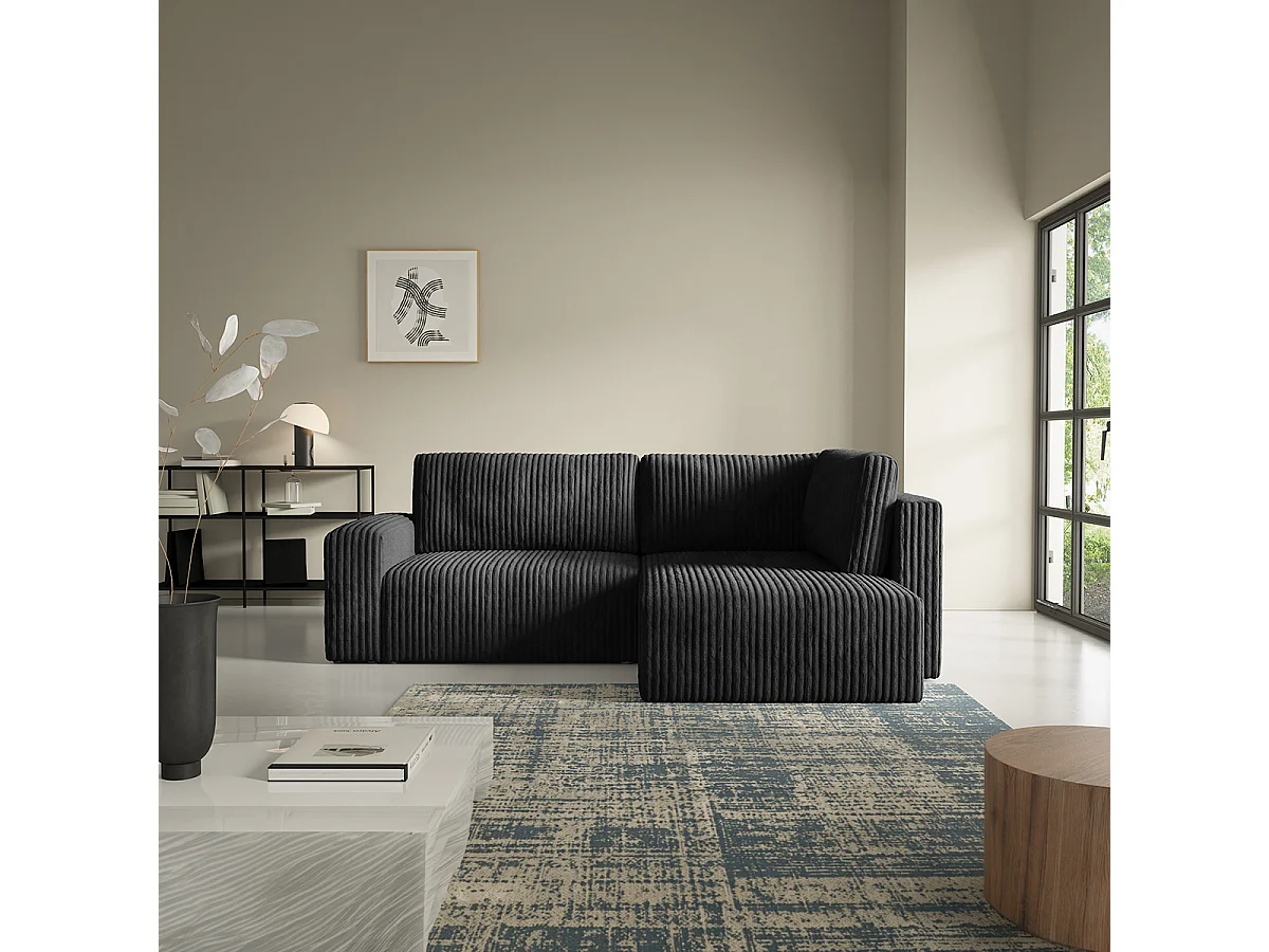 Canapé d'angle réversible et convertible 4 places avec coffre et accoudoirs Angela Noir