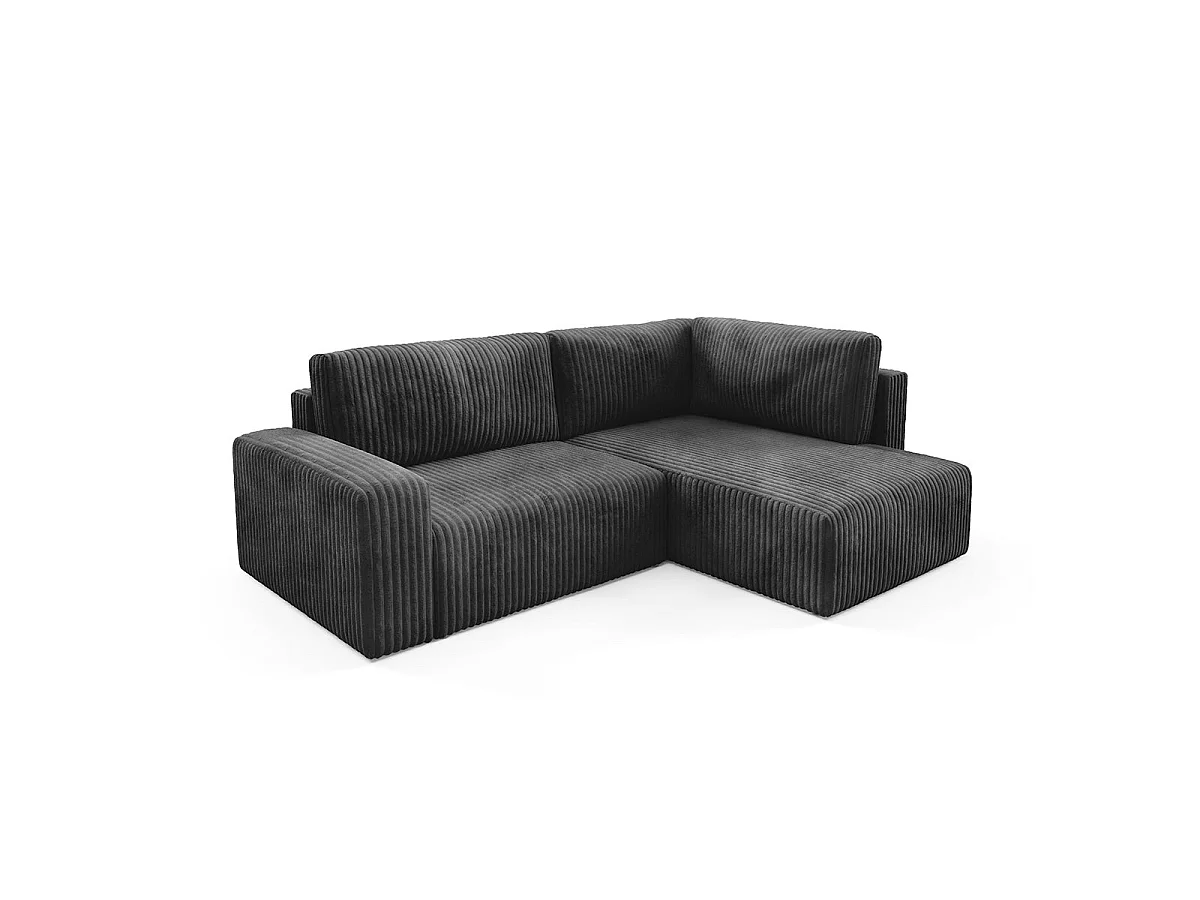 Canapé d'angle droit convertible 4 places avec coffre en tissu noir ANGEL