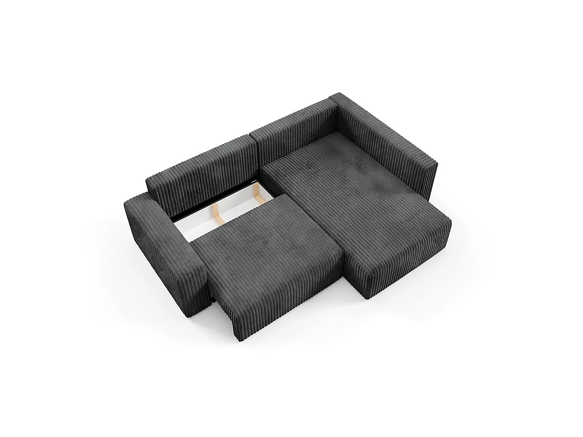 Canapé d'angle droit convertible 4 places avec coffre en tissu noir ANGEL