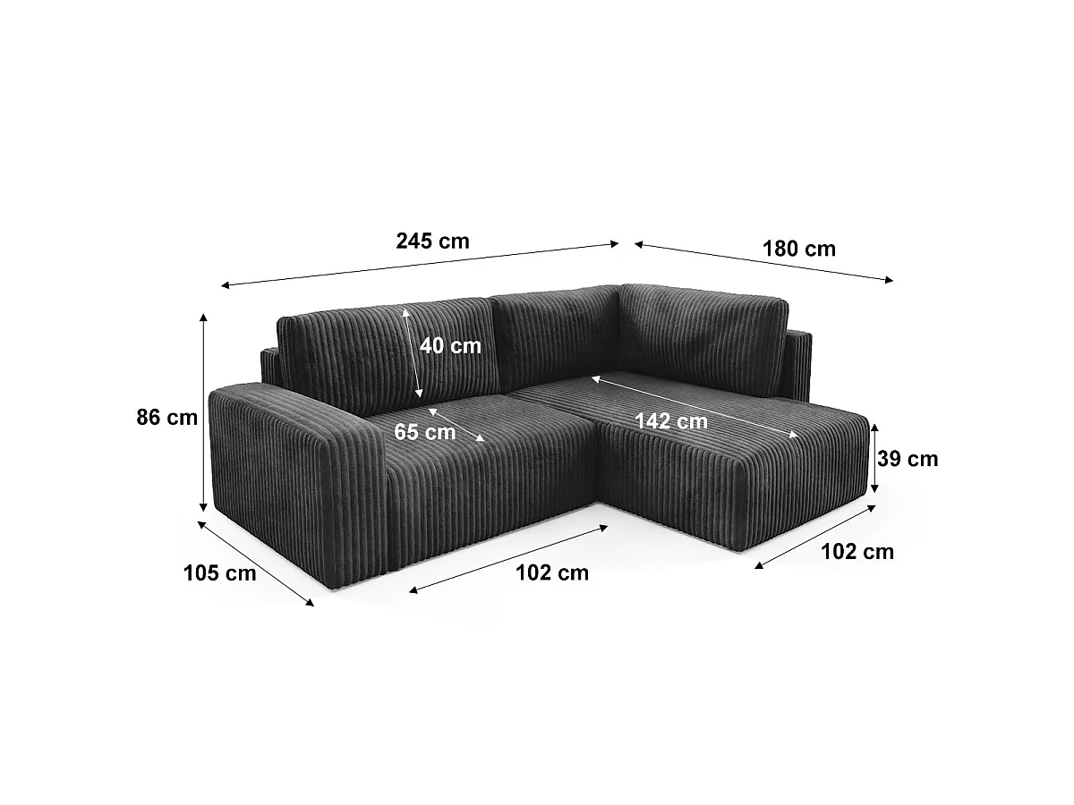 Canapé d'angle droit convertible 4 places avec coffre en tissu noir ANGEL