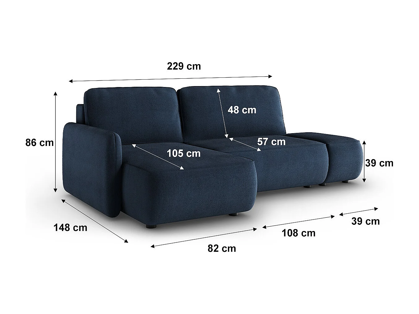 Canapé d'angle réversible et convertible 3 places avec coffre Alessio Bleu foncé