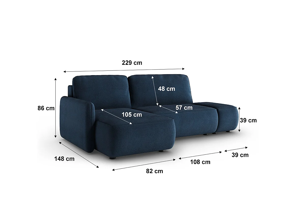 Canapé d'angle convertible 3 places réversible avec coffre en tissu bleu foncé ALESSIO
