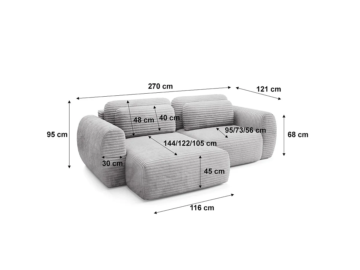 Canapé d'angle convertible 3 places réversible avec coffre en tissu gris clair