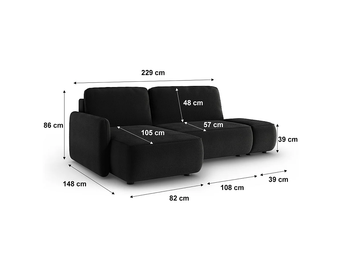 Canapé d'angle convertible 3 places réversible avec coffre en tissu noir ALESSIO
