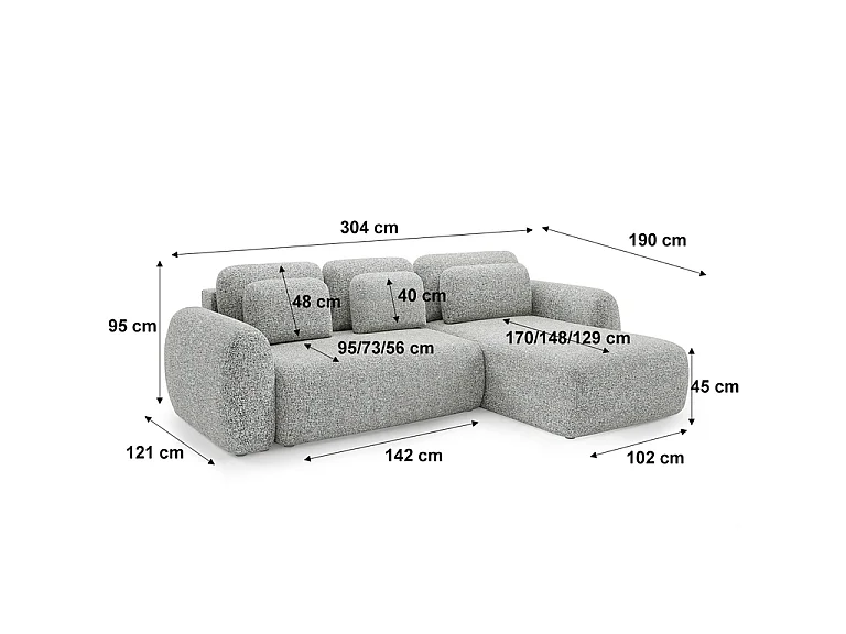 Canapé d'angle réversible et convertible 3 places avec coffre Carmela Gris