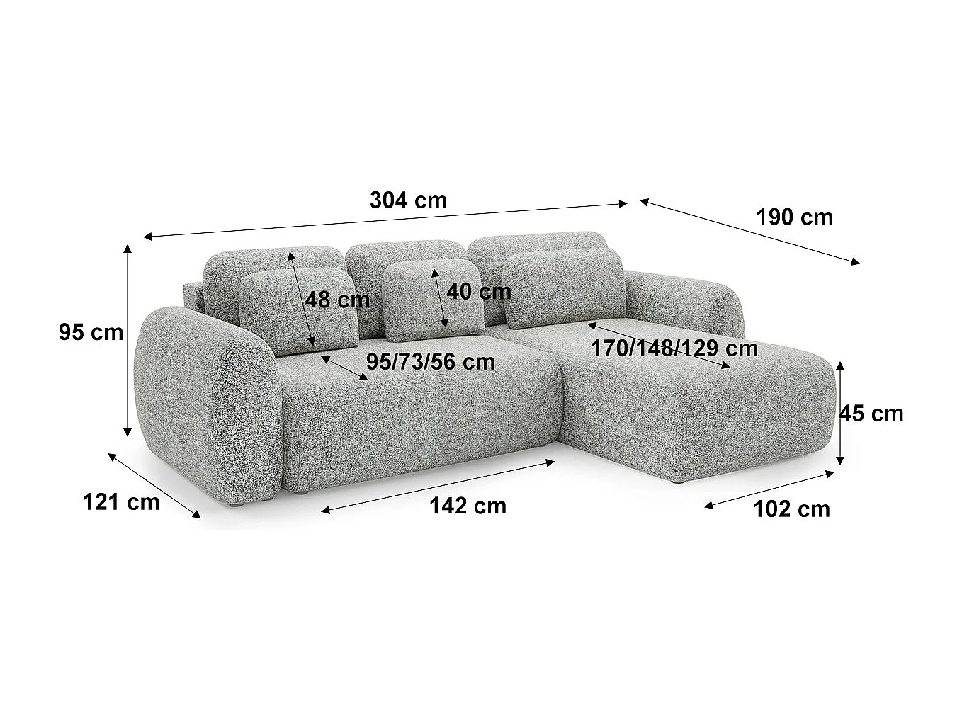 Canapé d'angle réversible et convertible 3 places avec coffre Carmela Gris