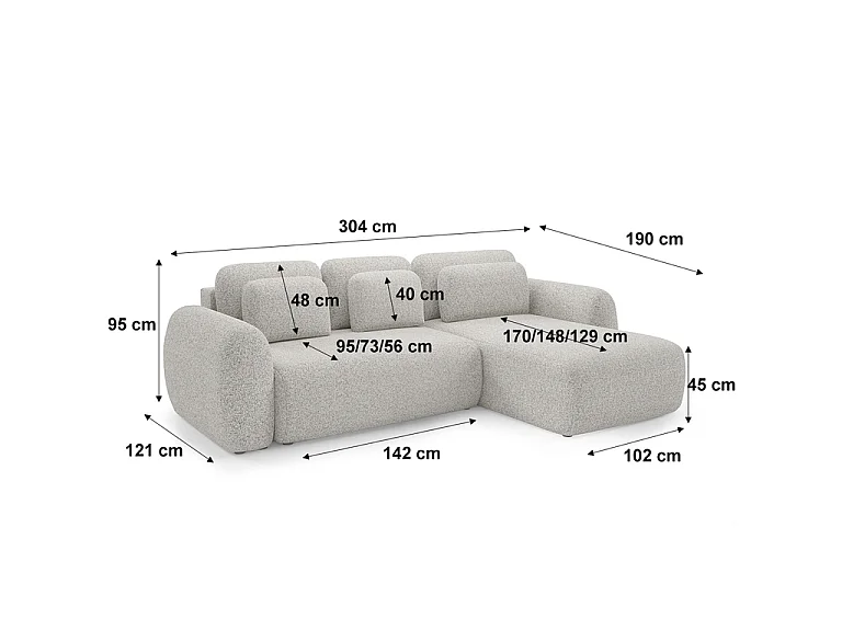 Canapé d'angle réversible et convertible 3 places avec coffre Carmela Gris clair