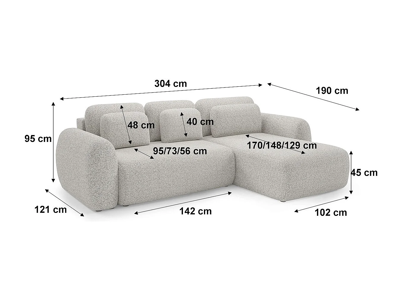 Canapé d'angle réversible et convertible 3 places avec coffre Carmela Gris clair