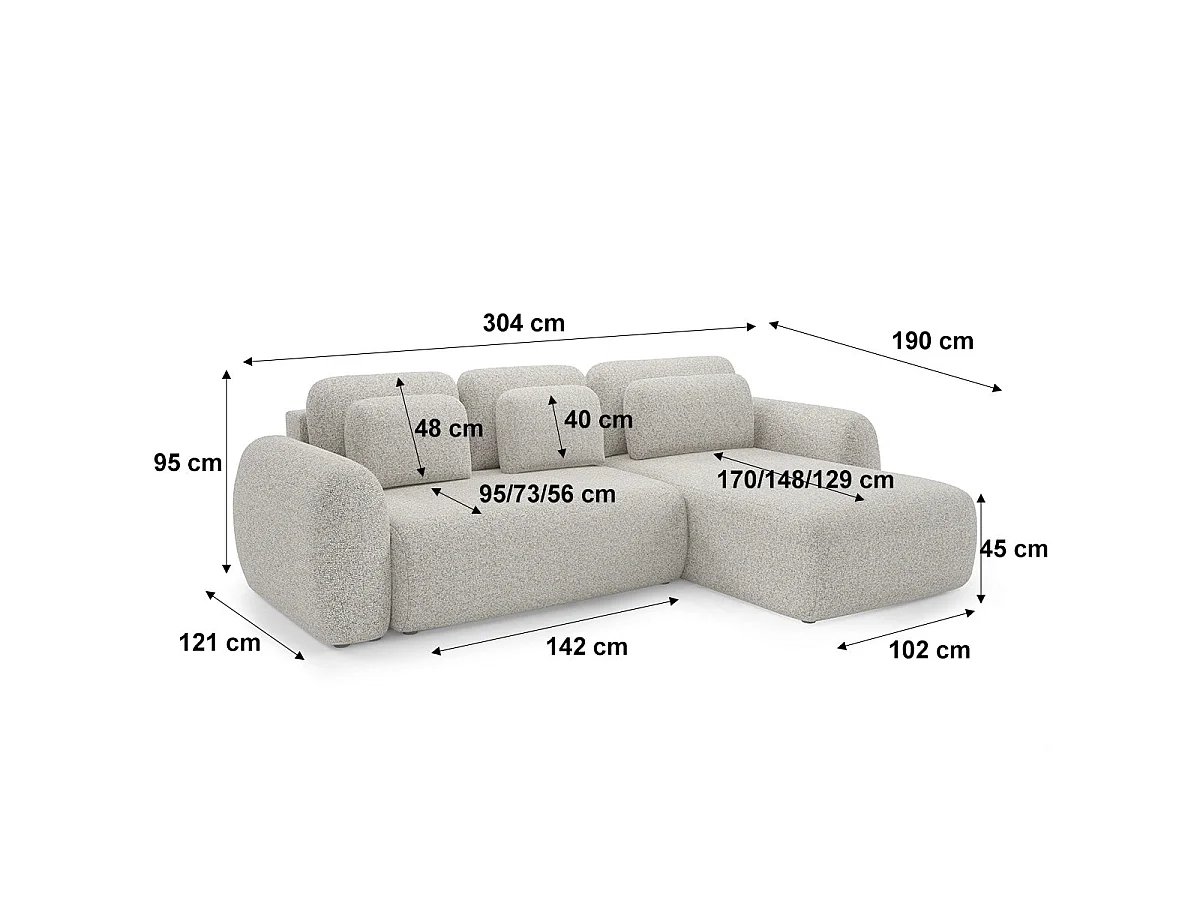 Canapé d'angle convertible 3 places réversible avec coffre en tissu gris clair CARMELA