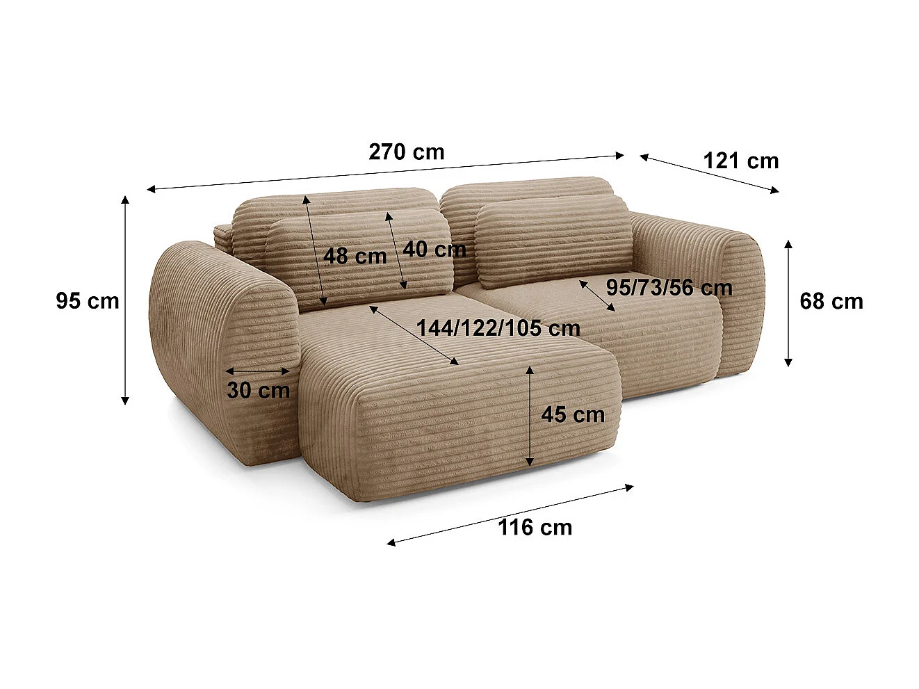Canapé d'angle réversible et convertible 3 places avec coffre Camilla Beige