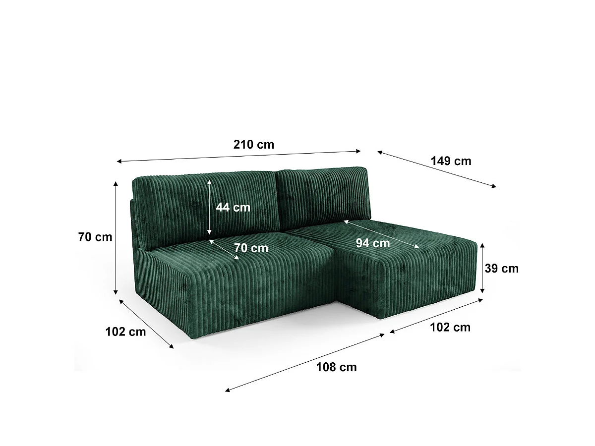 Canapé d'angle convertible 3 places réversible avec coffre en tissu vert sapin ANGEL