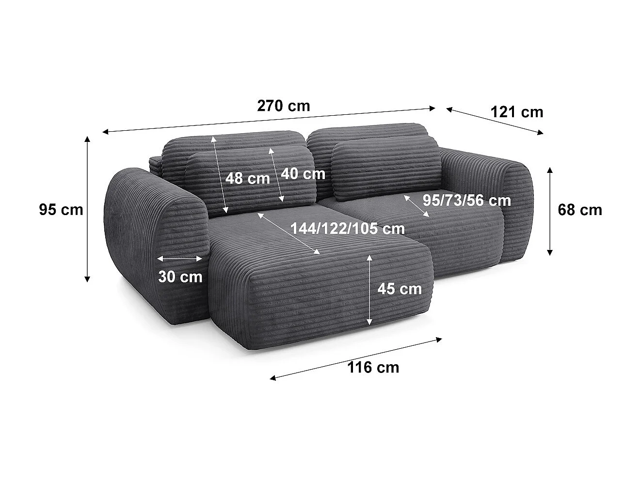 Canapé d'angle réversible et convertible 3 places avec coffre Camilla Gris foncé