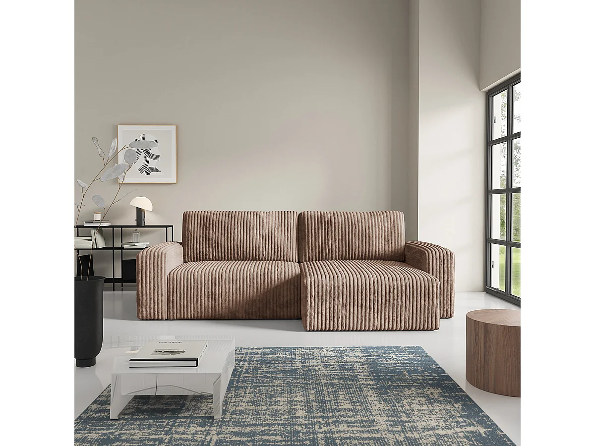 Canapé d'angle réversible et convertible 3 places avec coffre et accoudoirs Angela Marron clair