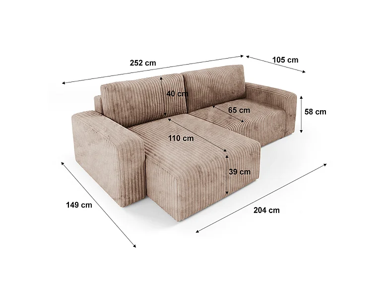 Canapé d'angle réversible et convertible 3 places avec coffre et accoudoirs Angela Marron clair