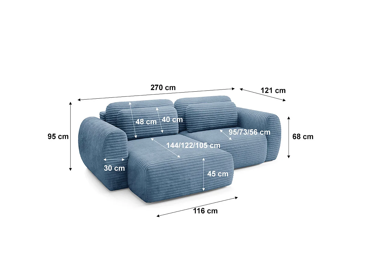 Canapé d'angle convertible 3 places réversible avec coffre en tissu bleu