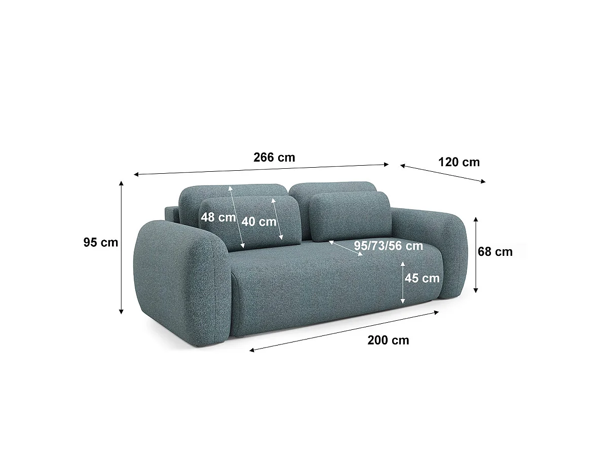 Canapé convertible 3 places avec coffre en tissu bleu CARMELA