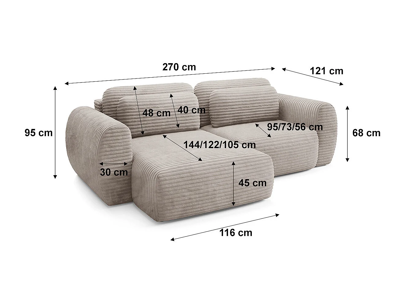 Canapé d'angle réversible et convertible 3 places avec coffre Camilla Taupe