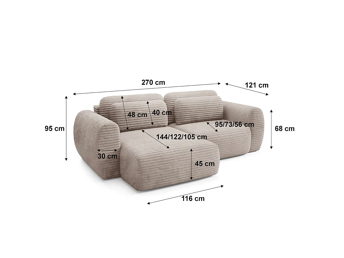 Canapé d'angle convertible 3 places réversible avec coffre en tissu taupe CAMILLA