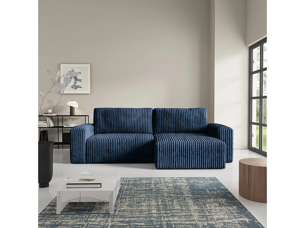 Canapé d'angle réversible et convertible 3 places avec coffre et accoudoirs Angela Bleu marine