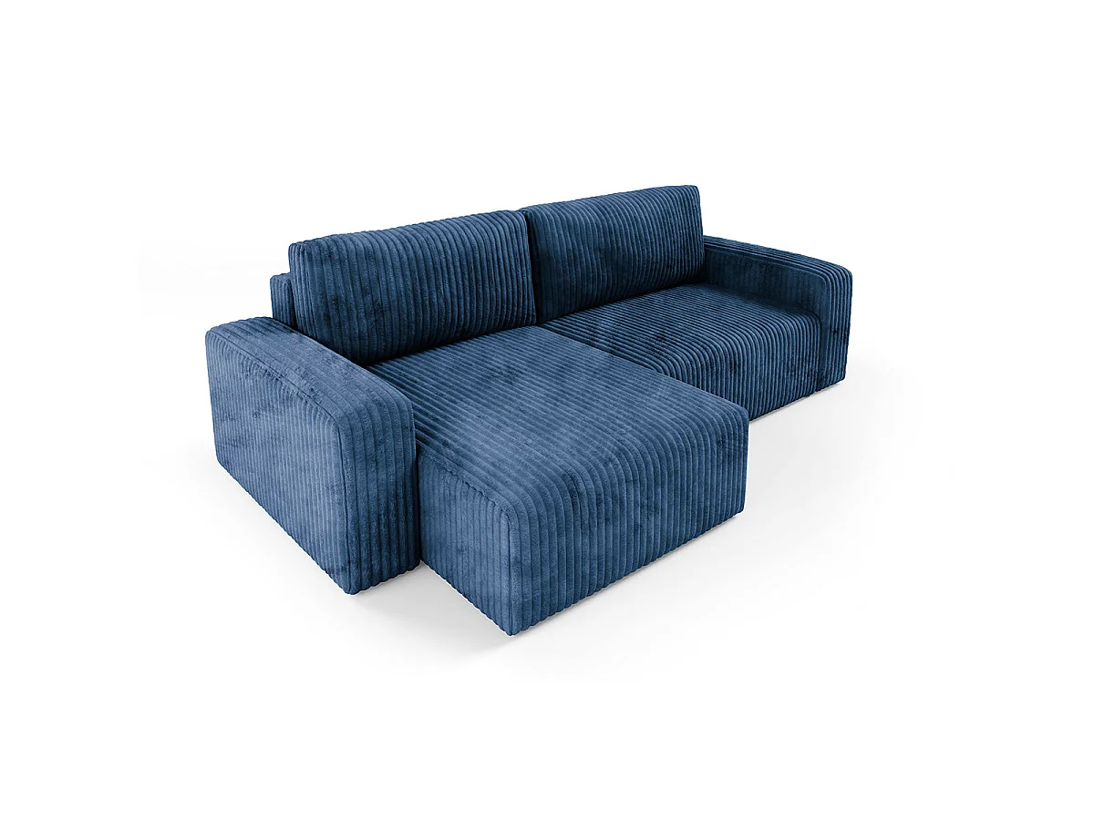 Canapé d'angle convertible 3 places réversible avec coffre en tissu bleu marine ANGELA
