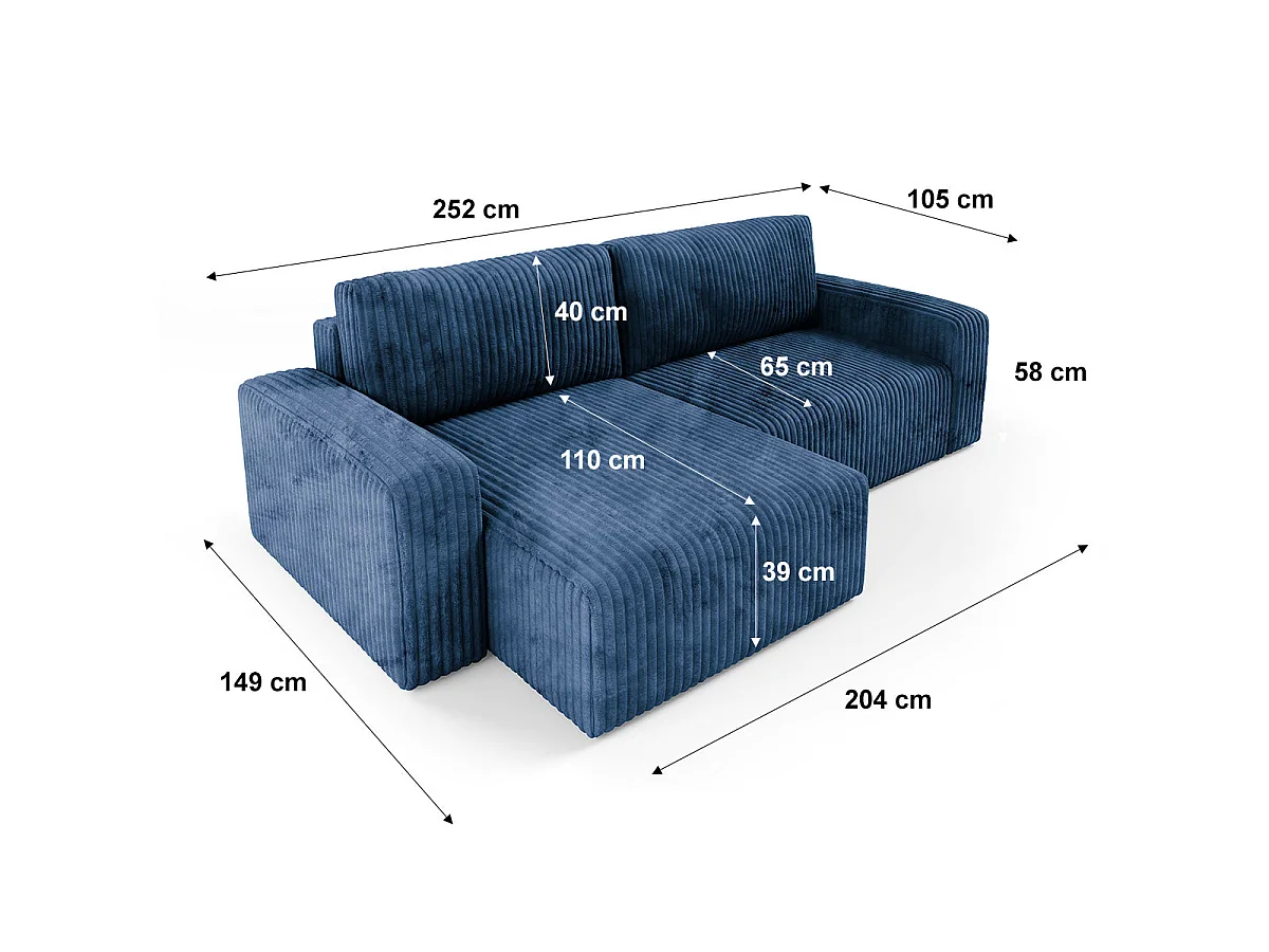 Canapé d'angle convertible 3 places réversible avec coffre en tissu bleu marine ANGELA