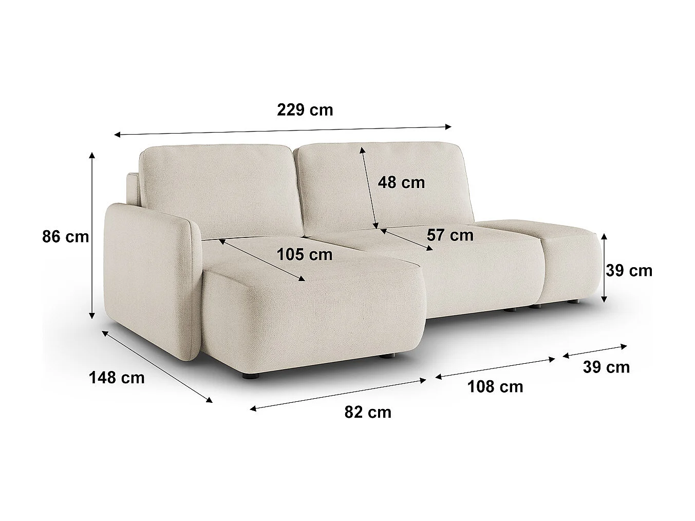 Canapé d'angle réversible et convertible 3 places avec coffre Alessio Beige