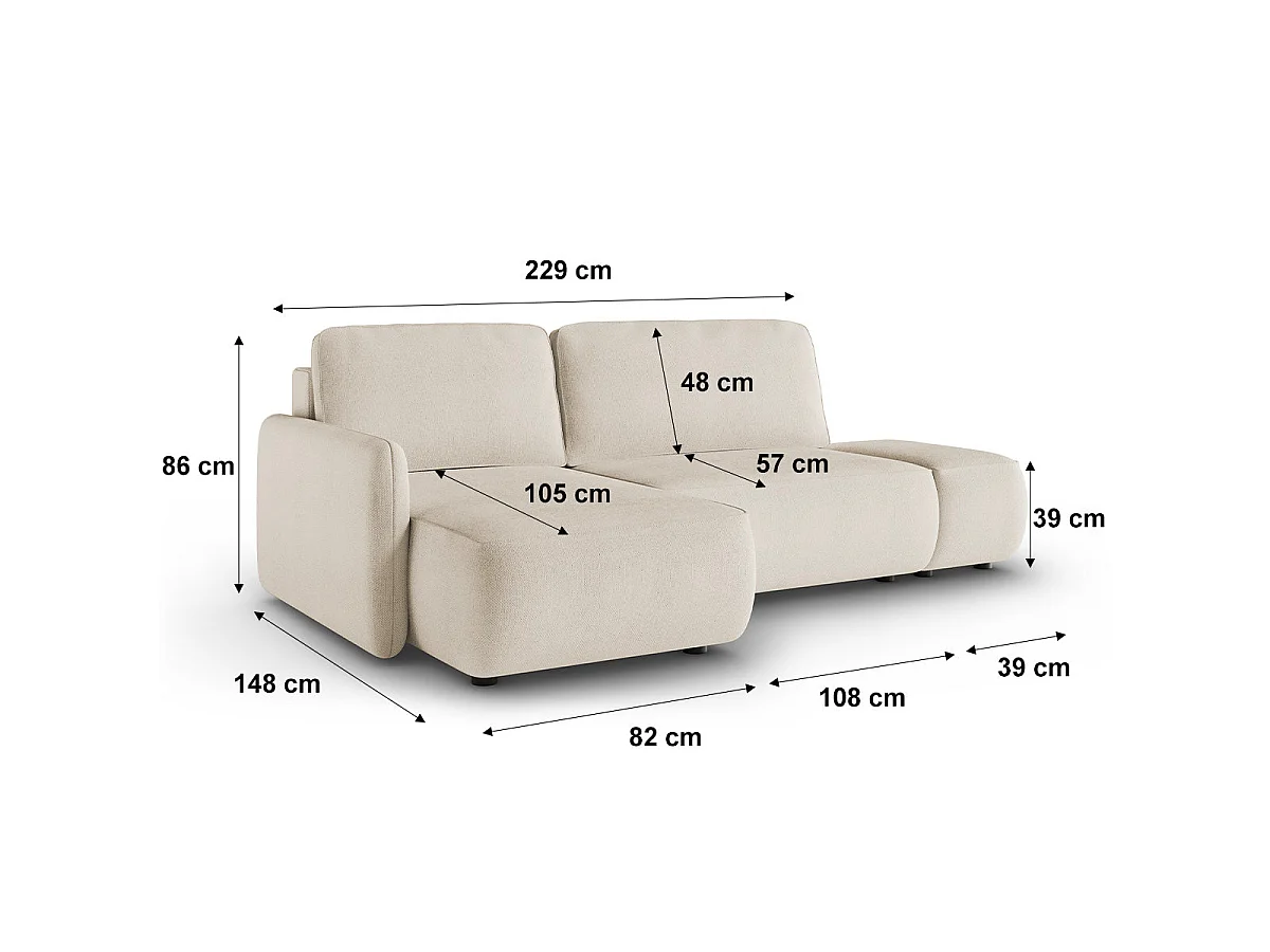 Canapé d'angle convertible 3 places réversible avec coffre en tissu beige ALESSIO