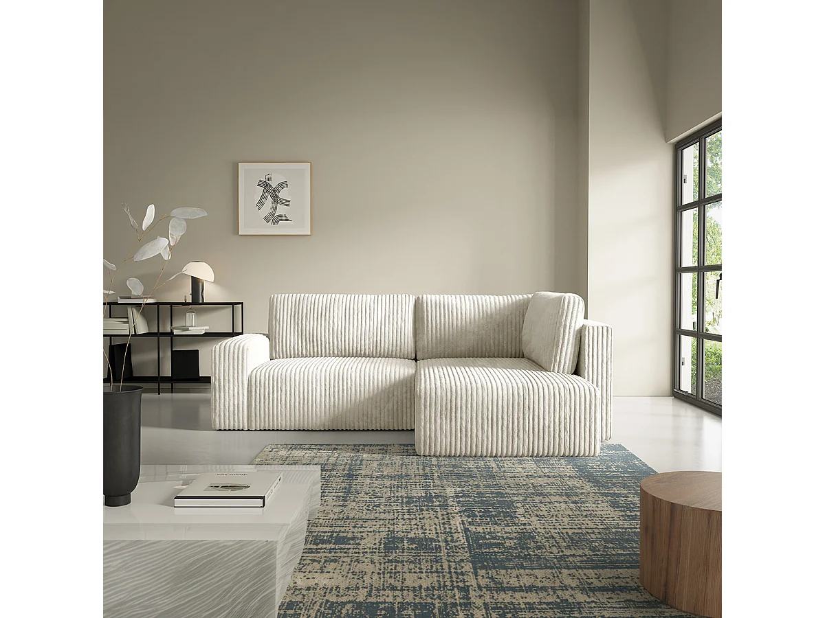 Canapé d'angle réversible et convertible 4 places avec coffre et accoudoirs Angela Blanc cassé