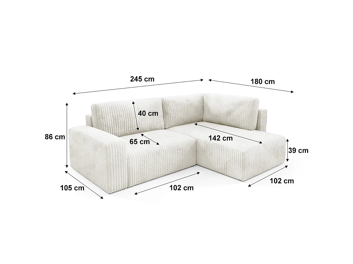 Canapé d'angle droit convertible 4 places avec coffre en tissu blanc ANGEL