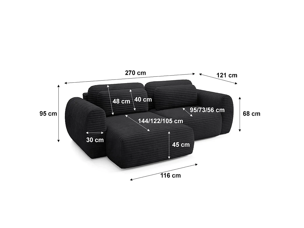 Canapé d'angle convertible 3 places réversible avec coffre en tissu noir CAMILLA