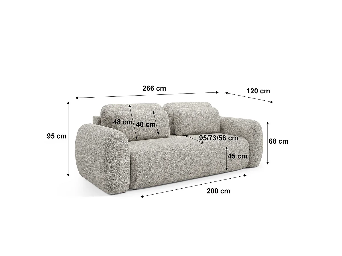 Canapé convertible 3 places avec coffre en tissu gris clair CARMELA