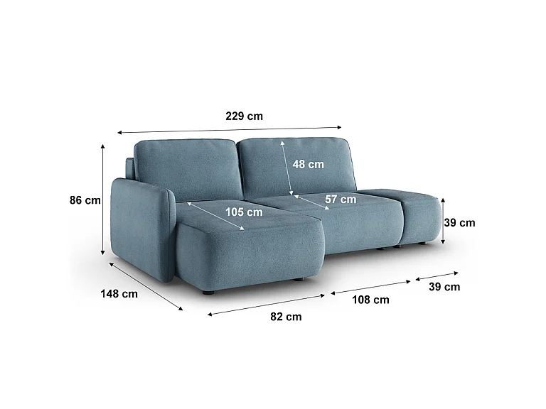 Canapé d'angle réversible et convertible 3 places avec coffre Alessio Bleu clair