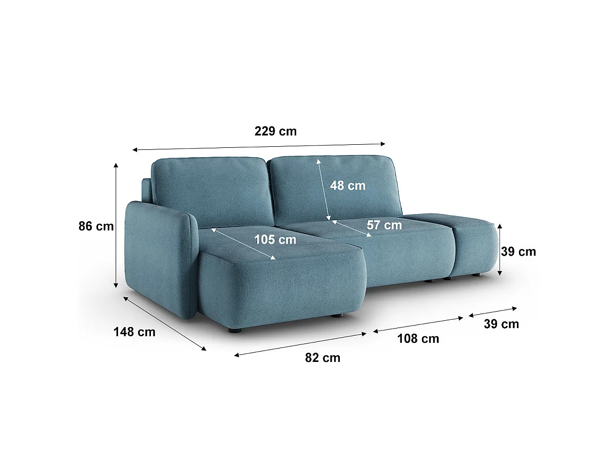 Canapé d'angle convertible 3 places réversible avec coffre en tissu bleu ALESSIO