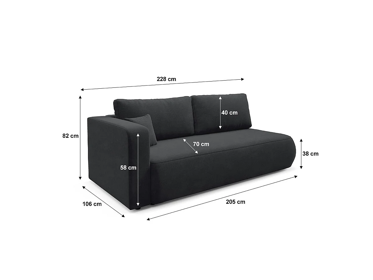 Canapé convertible 3 places réversible avec coffre en tissu noir ANTONIO