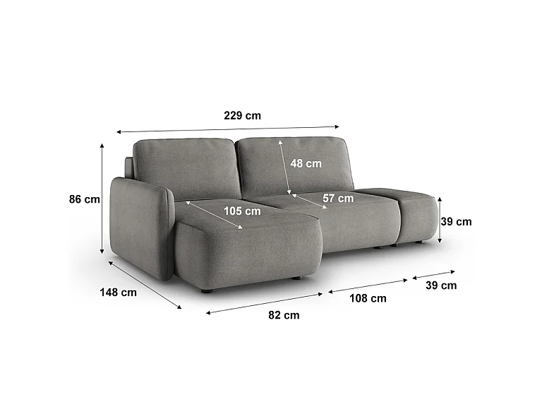 Canapé d'angle réversible et convertible 3 places avec coffre Alessio Gris