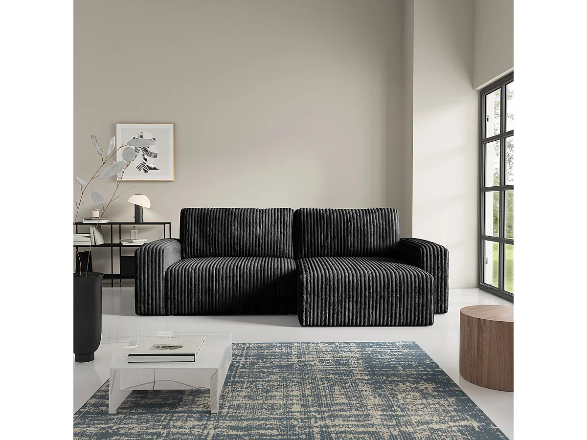 Canapé d'angle réversible et convertible 3 places avec coffre et accoudoirs Angela Noir