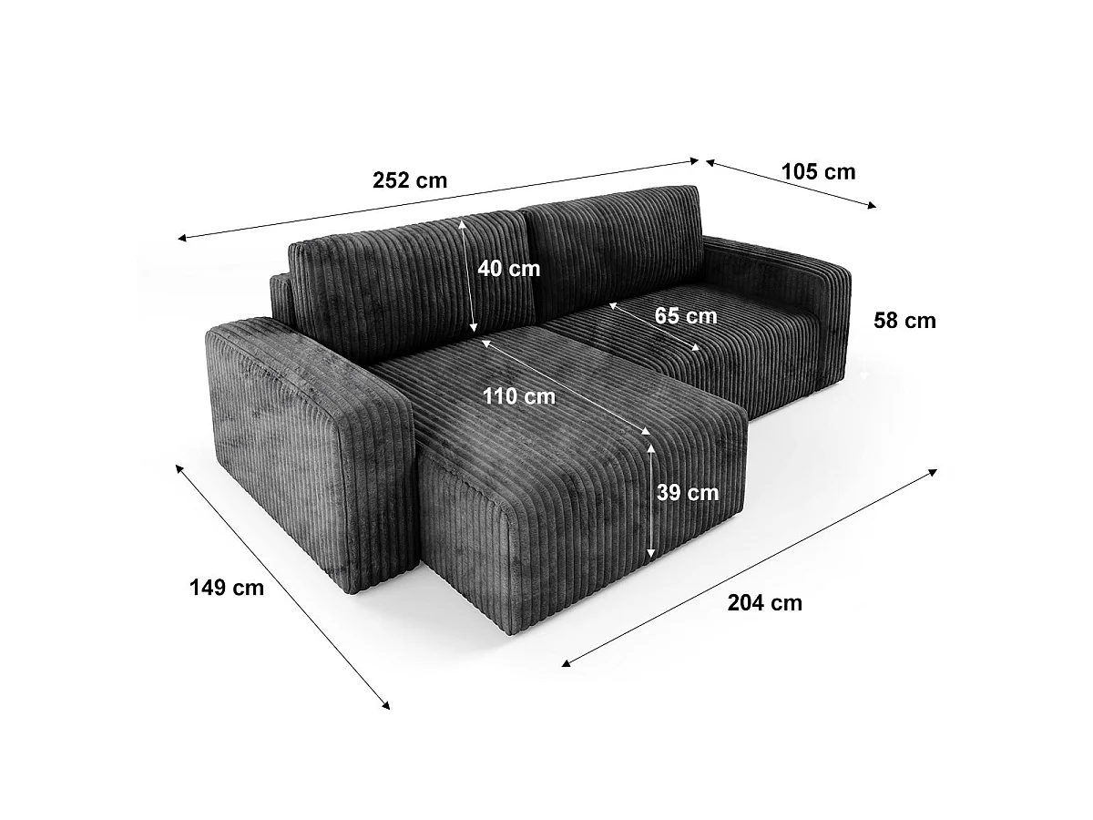 Canapé d'angle convertible 3 places réversible avec coffre en tissu noir ANGELA