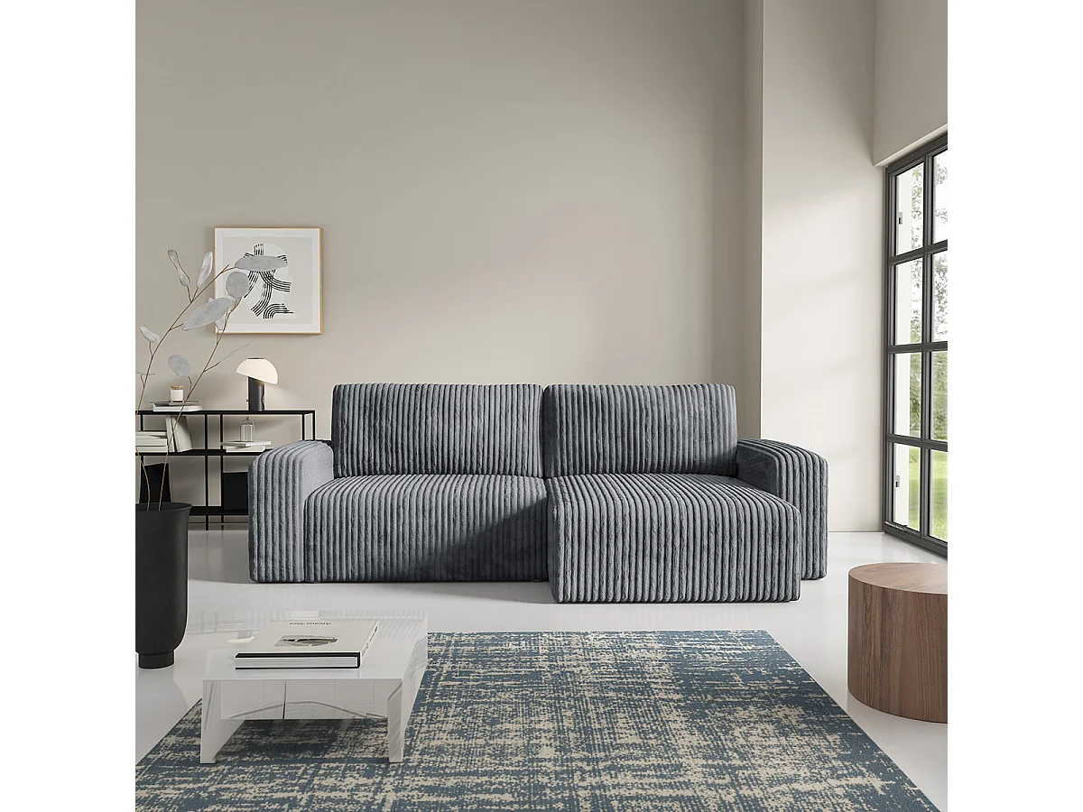 Canapé d'angle réversible et convertible 3 places avec coffre et accoudoirs Angela Gris foncé